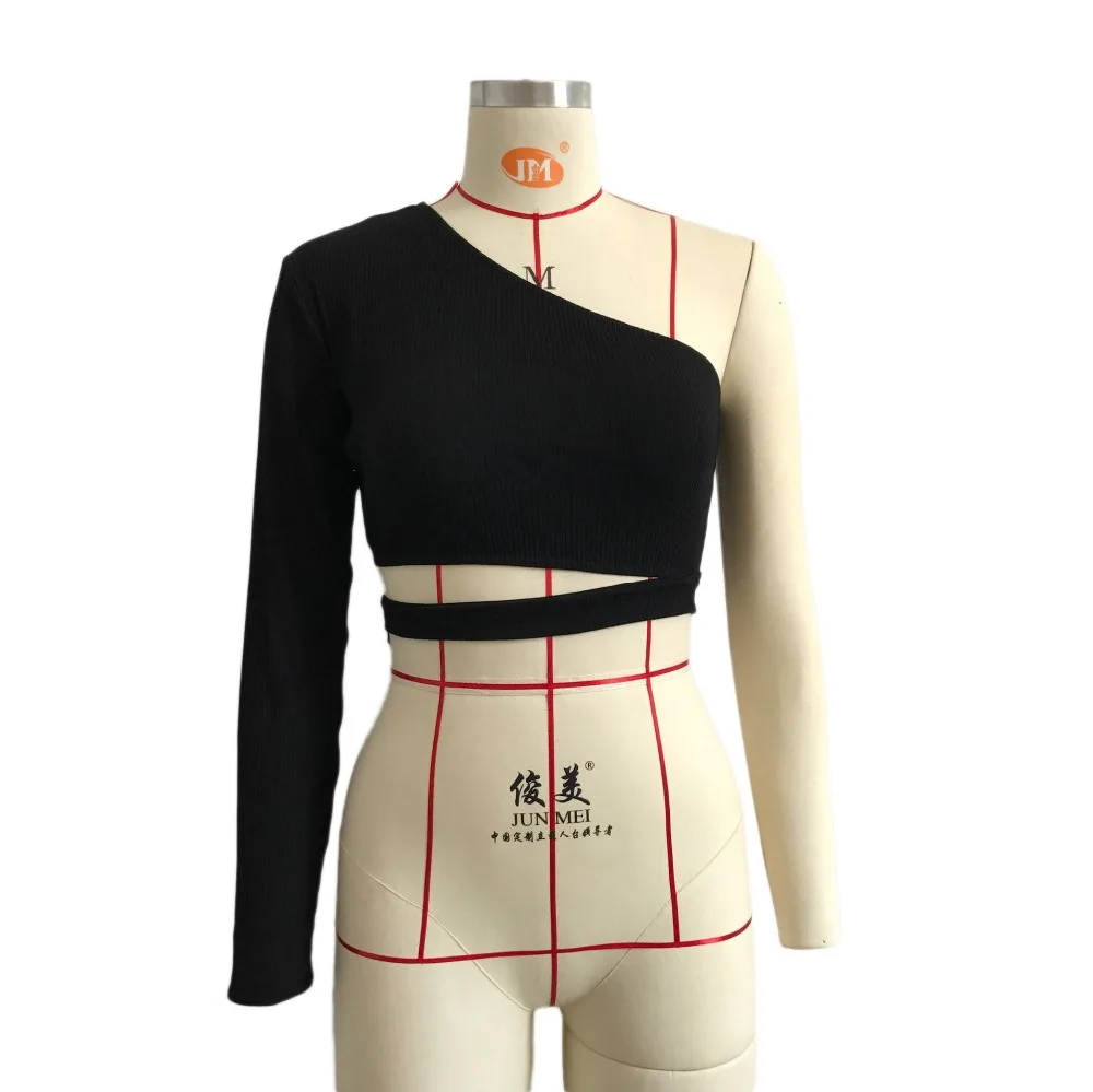 Сексуальная футболка на одно плечо женские топы с длинным рукавом кроп Топы