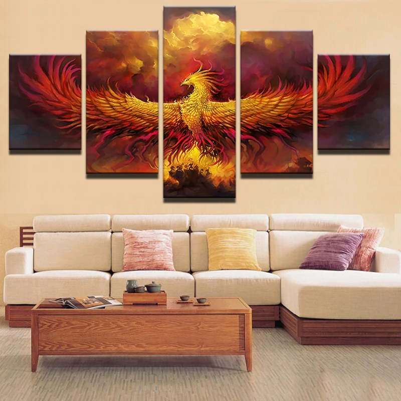 

Canvas Abstract Painting Modular Wall Art 5 Pieces Fire Phoenix Bird Pictures Living Room Home Decor HD Printed Poster Framework