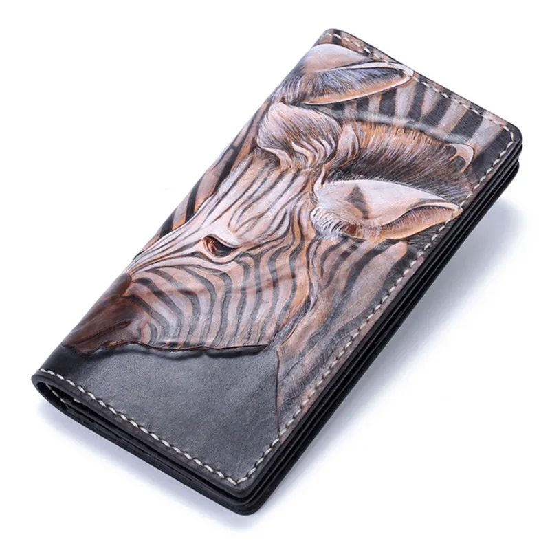 

Handmade Genuine Leather Wallets Carving Zebra Bag Purses Women Men Long Clutch Vegetable Tanned Leather Wallet Card Holder