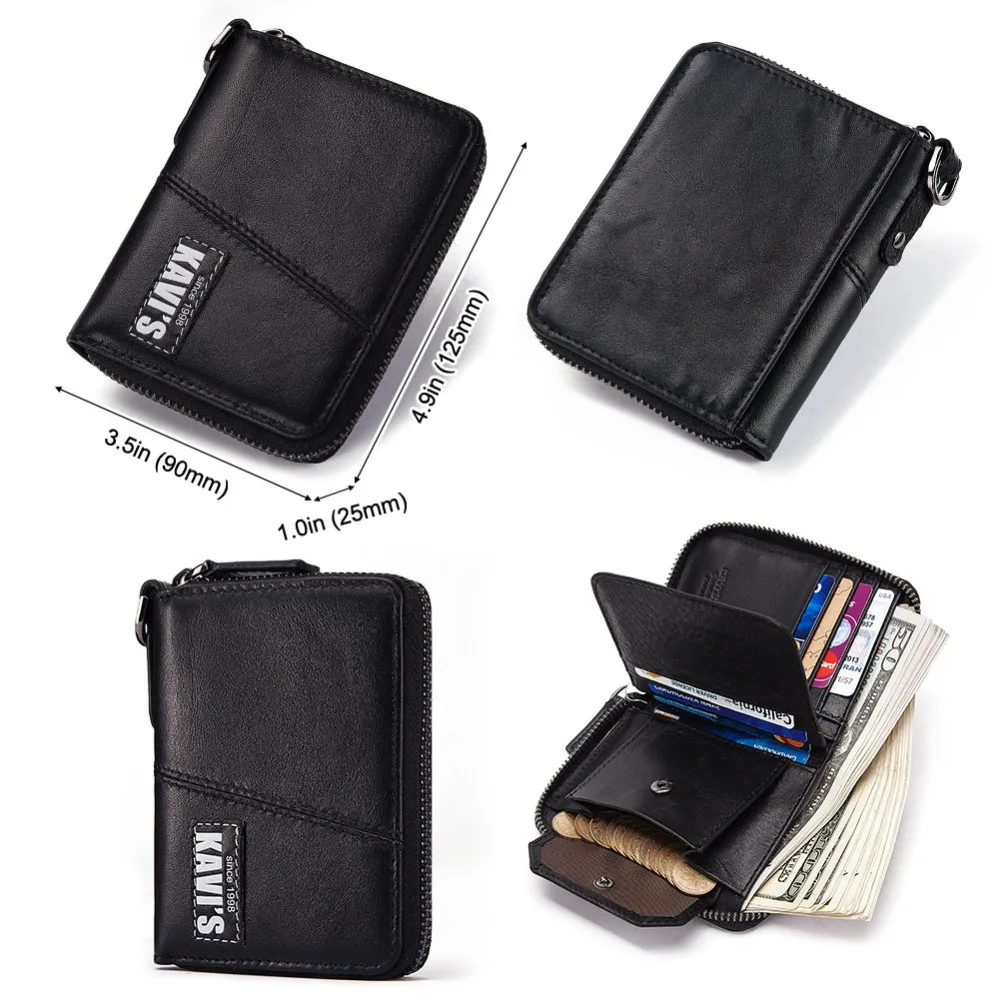 Мужской кошелек KAVIS черный из натуральной кожи с гравировкой на молнии|Мужские