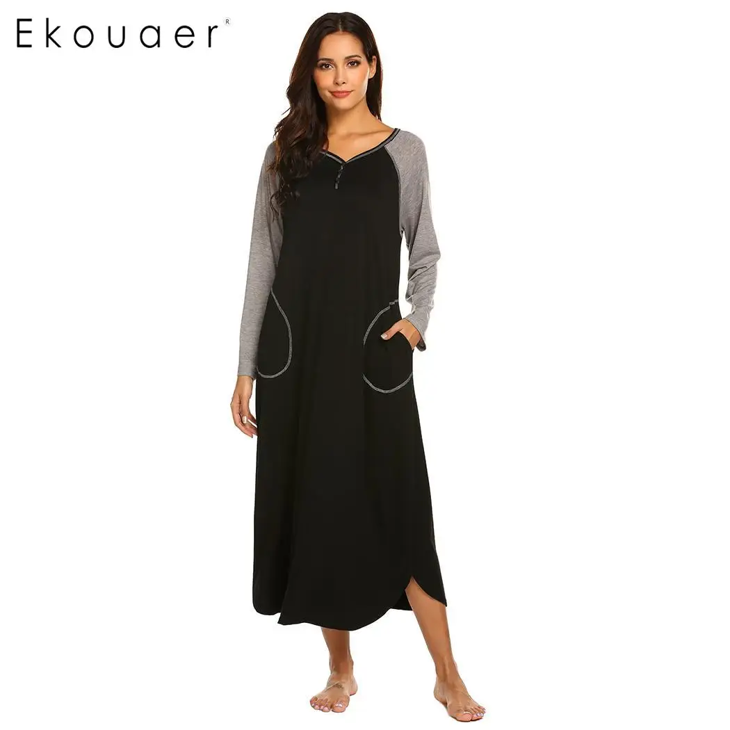 Black Ekouaer ночная рубашка ночные рубашки для женщин с длинным рукавом весна осень платье для сна свободный до середины икры пуловер с v-образным вырезом ночная рубашка - Цвет: Black