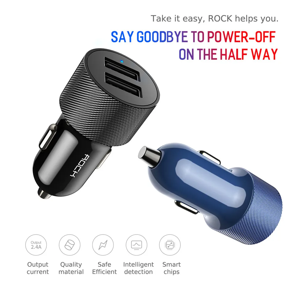 ROCK Dua-usb автомобильное зарядное устройство с выходом 2,4 а, быстрое зарядное устройство для мобильного телефона, адаптер для путешествий, прикуриватель, DC 12-24 в, металлическое автомобильное зарядное устройство