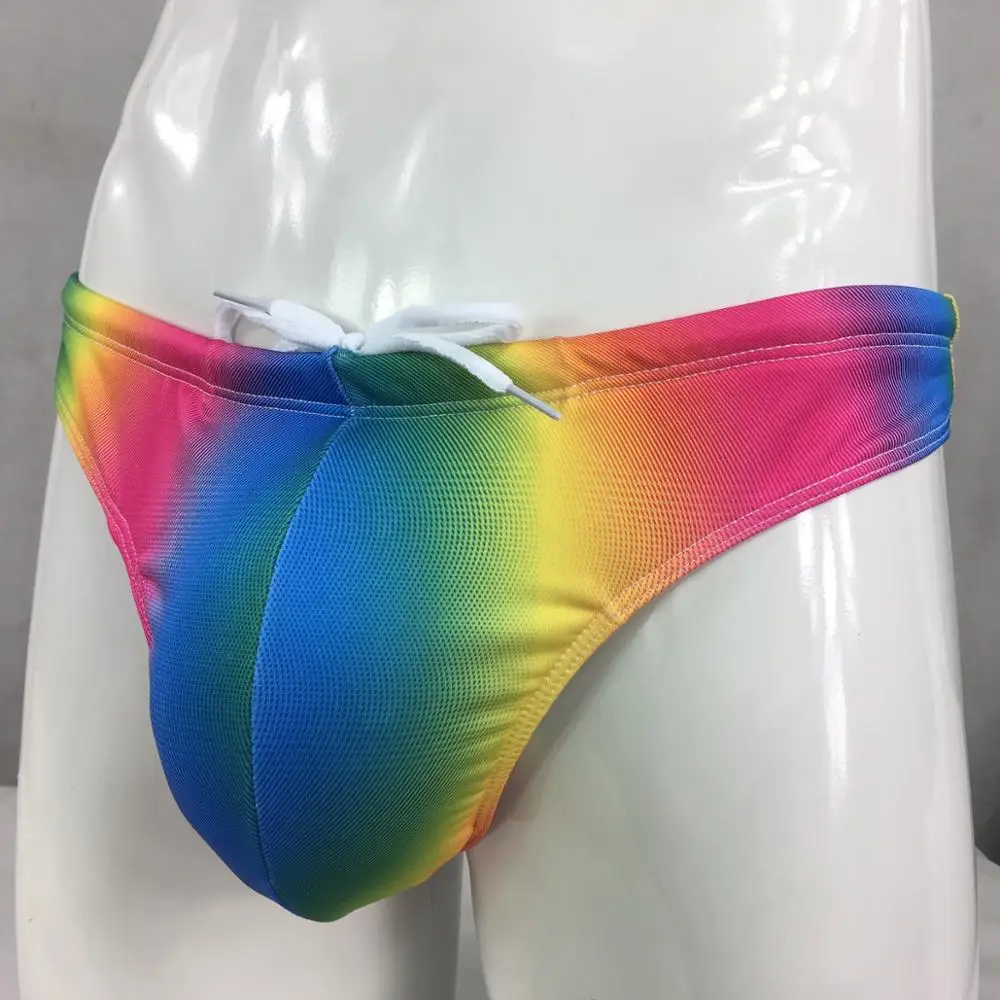 

Mens Swim Thong Rainbow Colors Swimsuit Fabric nylon Spandex Lined Pouch Lining Swimsuit Pad optional G8404