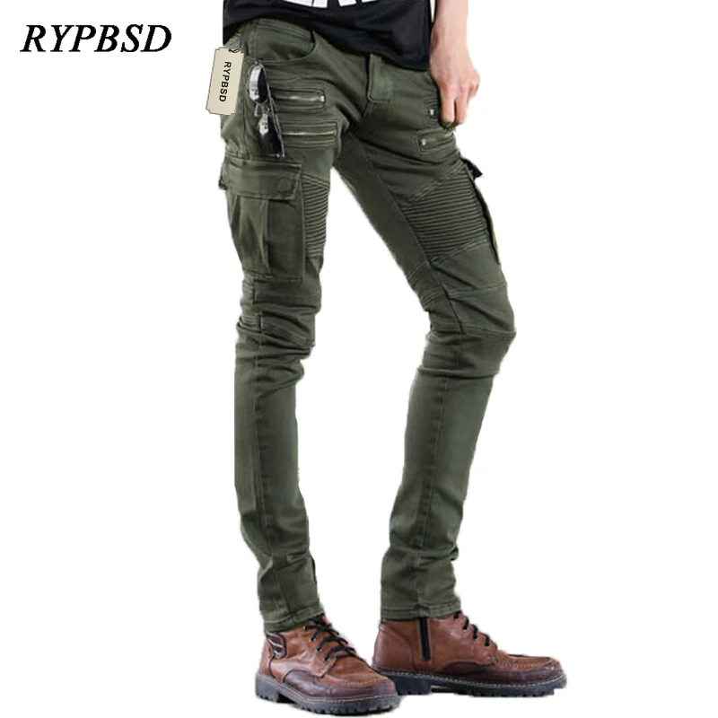 

Брюки мужские прямые в стиле милитари, модные байкерские джинсы скинни со множеством карманов, повседневные штаны на молнии, 2019