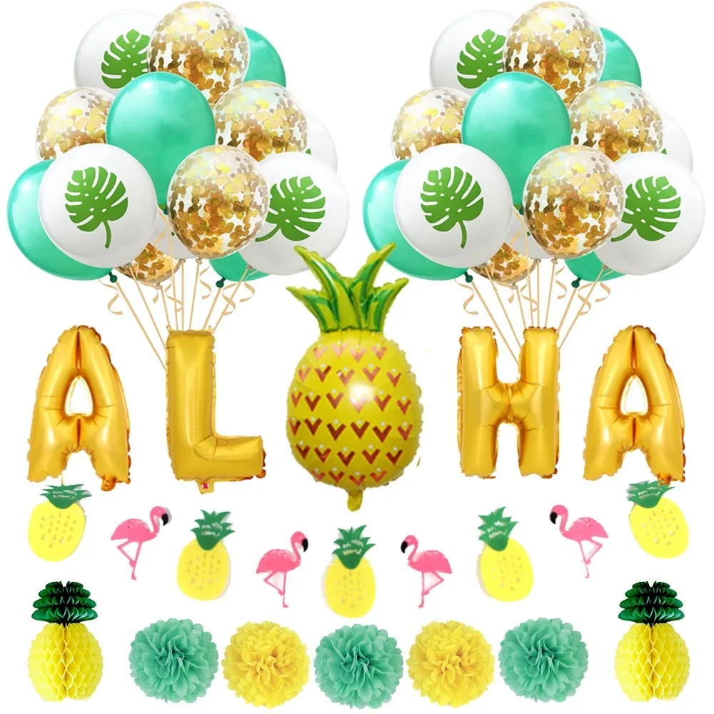 

Aloha Tropical Party Decorations Pineapple Flamingo Garland Plam Leaves Confetti Latex Balloons Pom Poms Hawaiian Beach Summer