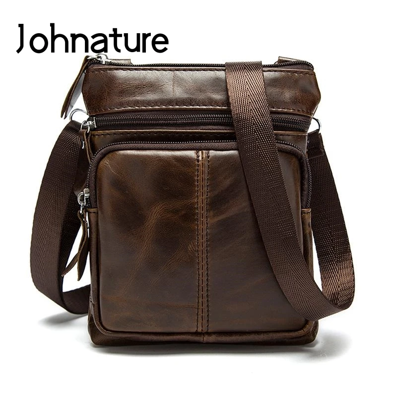 

Johnature Vintage Korean Genuine Leather Business Men Shoulder&crossbody Bags Leisure Cowhide Zipper Small Bag Messenger Bag