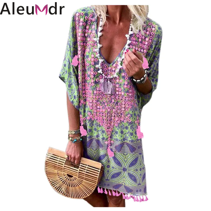 Aleumdr Женская пляжная одежда в стиле ретро многоцветные с бахромой и цветочным