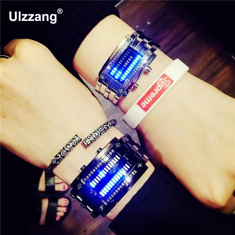 Модные цифровые наручные часы унисекс из нержавеющей стали с подсветкой