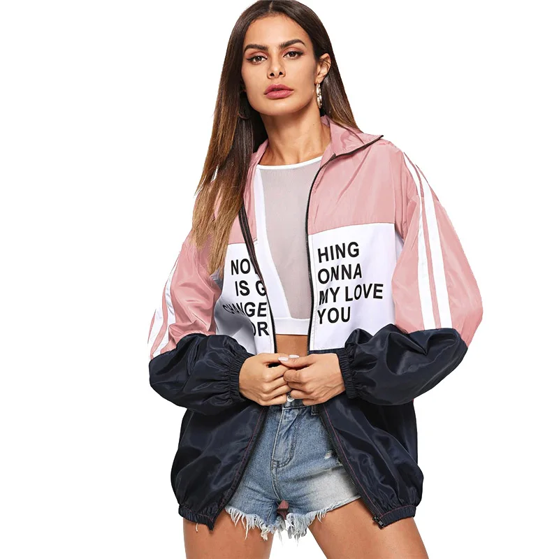 SweatyRocks Athleisure цветная ветровка на молнии с буквенным принтом модная разноцветная Женская Осенняя куртка на молнии