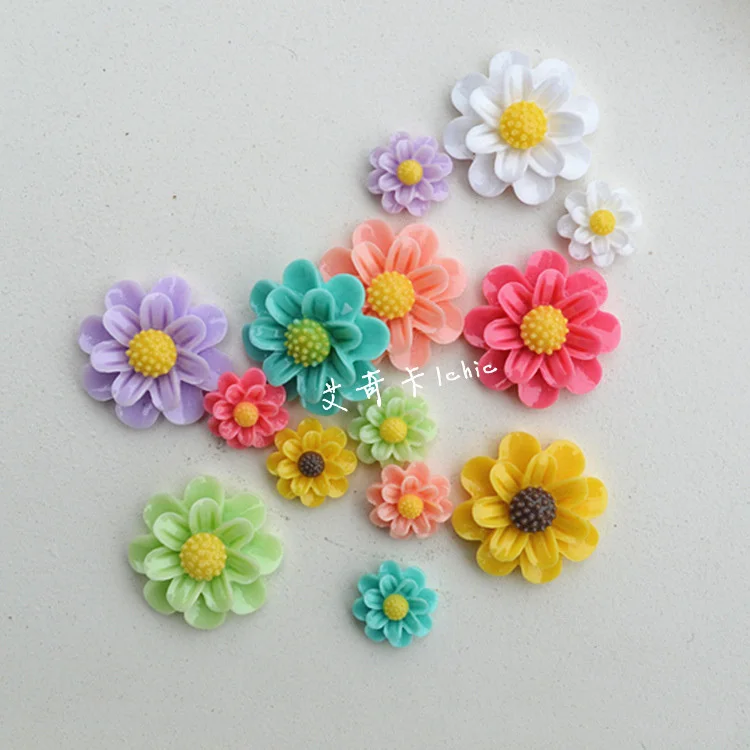 

50pcs/lot 15mm+25mm cute colorful sunflower resin flat back cabochon for DIY phone,nail art decoration Jewelry Making Findings