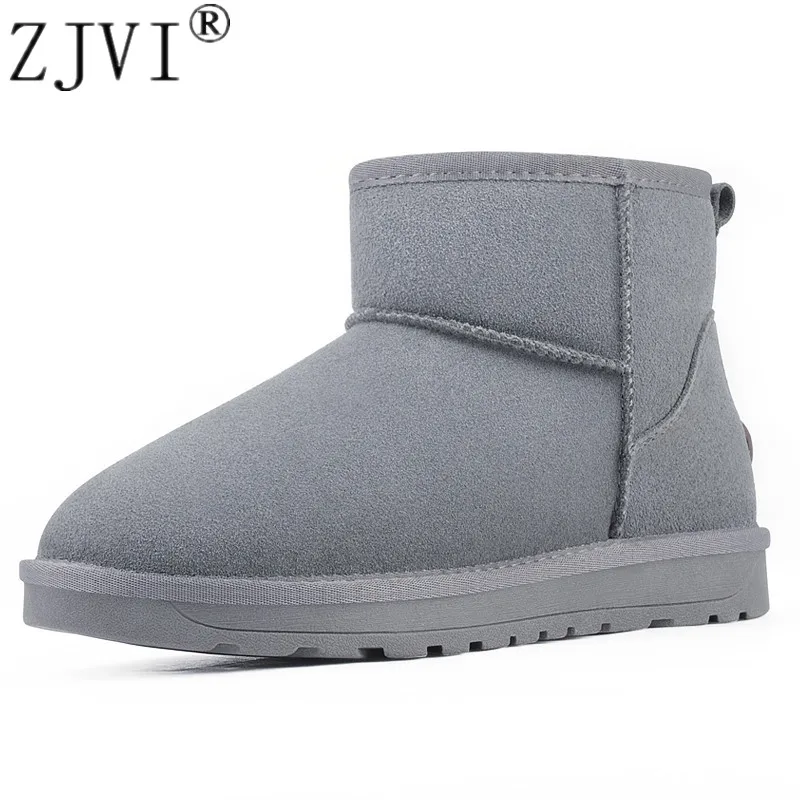 

ZJVI 2021 Winter Woman Round Toe Suede Genuine Leather Snow Boots For Women Flat Ankle Boots Gray Black Warm Fur Ladies Shoes