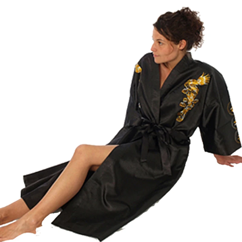 Банный халат Для женщин Китайский Стиль Атласный вышивка дракон Gown Robe женские
