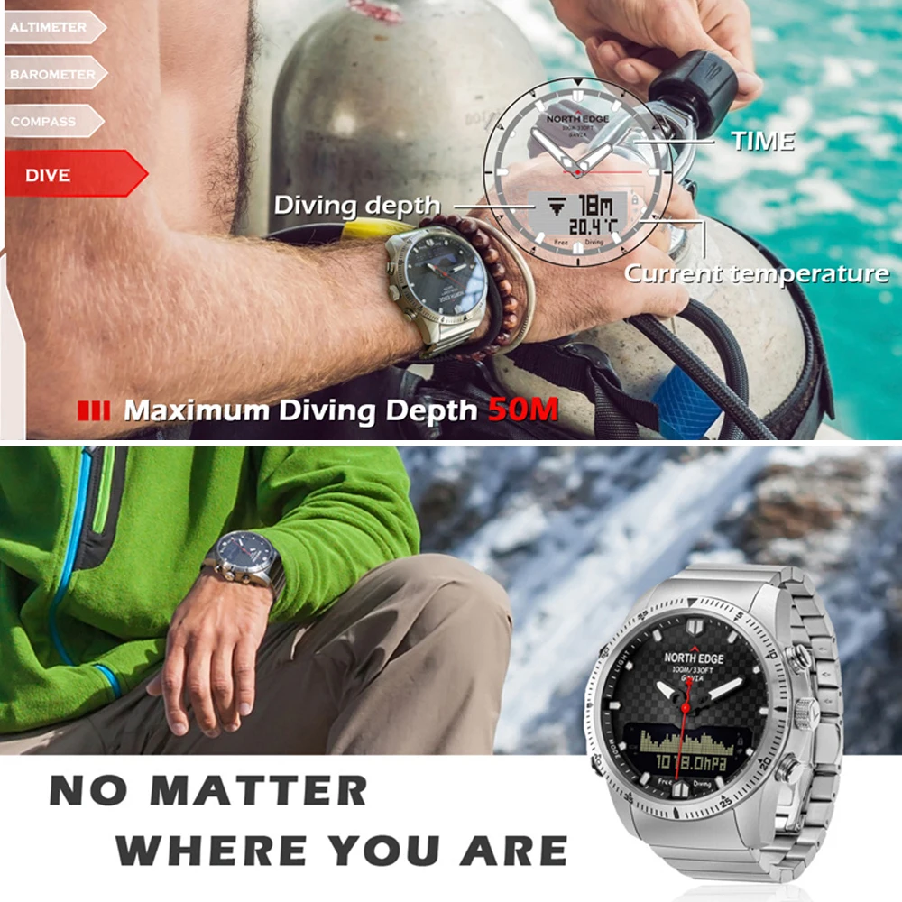 NORTH EDGE GAVIA спортивные цифровые и аналоговые часы для дайвинга стальные бизнес наручные часы альтиметр компас 100 м водонепроницаемый шагомер