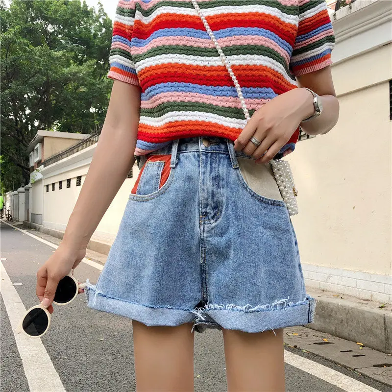 

HziriP 2019 Korea Curl Patchwork Color-Hit Casual Stylish Summer Empire Sexy Jean Denim Ladies All Match Blue Wide Leg Shorts