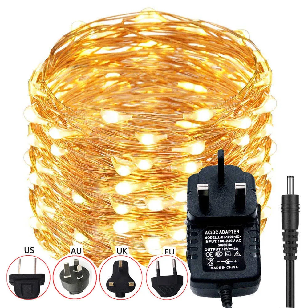 Tira de luces LED para fiesta, Micro Cable de arroz de cobre, color blanco cálido/azul/RGB + adaptador de corriente de 12V, 2A/1A, Reino Unido/UE/AU/EE. UU., 10m, 20m, cc 12V