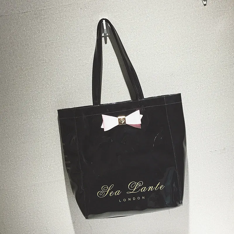black Mixtx, Весенняя Новинка, ПВХ сумка, женская сумка через плечо,, Сумка с бантом, милая Дамская желеобразная Цветная Пластиковая пляжная сумка, большая ВМЕСТИТЕЛЬНОСТЬ - Цвет: black