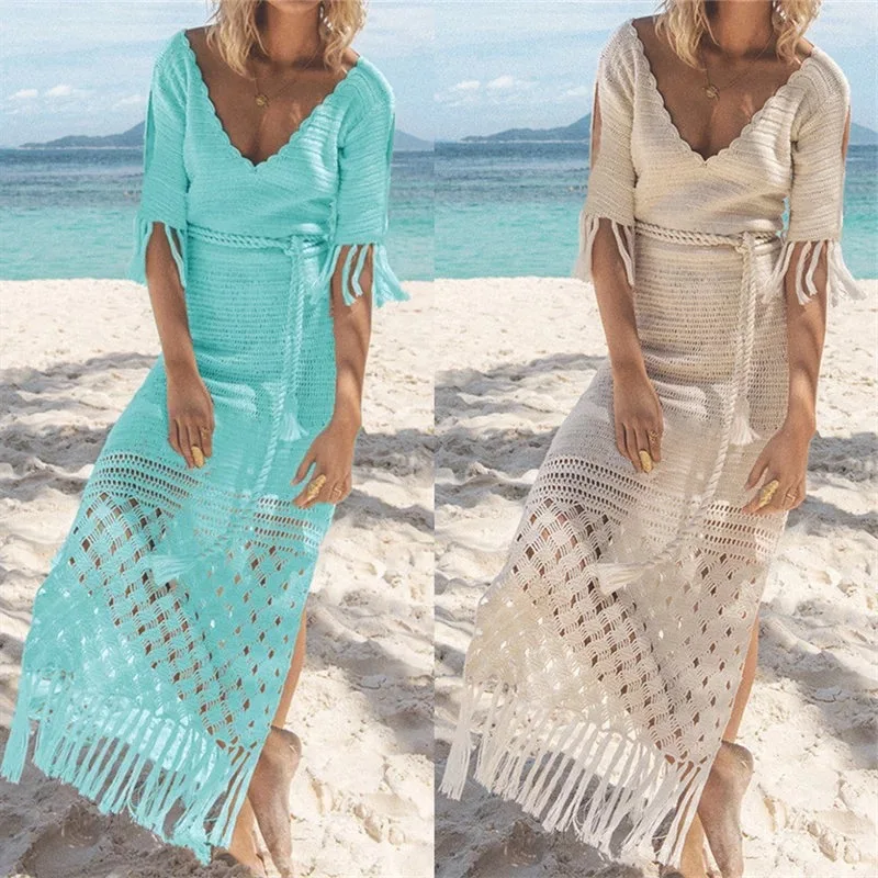 Женское кимоно накидка купальник бикини вязаное крючком длинное Пляжное Платье