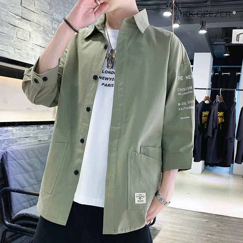 HZL1901-Pea green Мужская рубашка с рукавом три четверти, лето, хлопок,, свободная, повседневная, уличная рубашка, смокинг, формальная, не мнется, рубашка - Цвет: HZL1901-Pea green