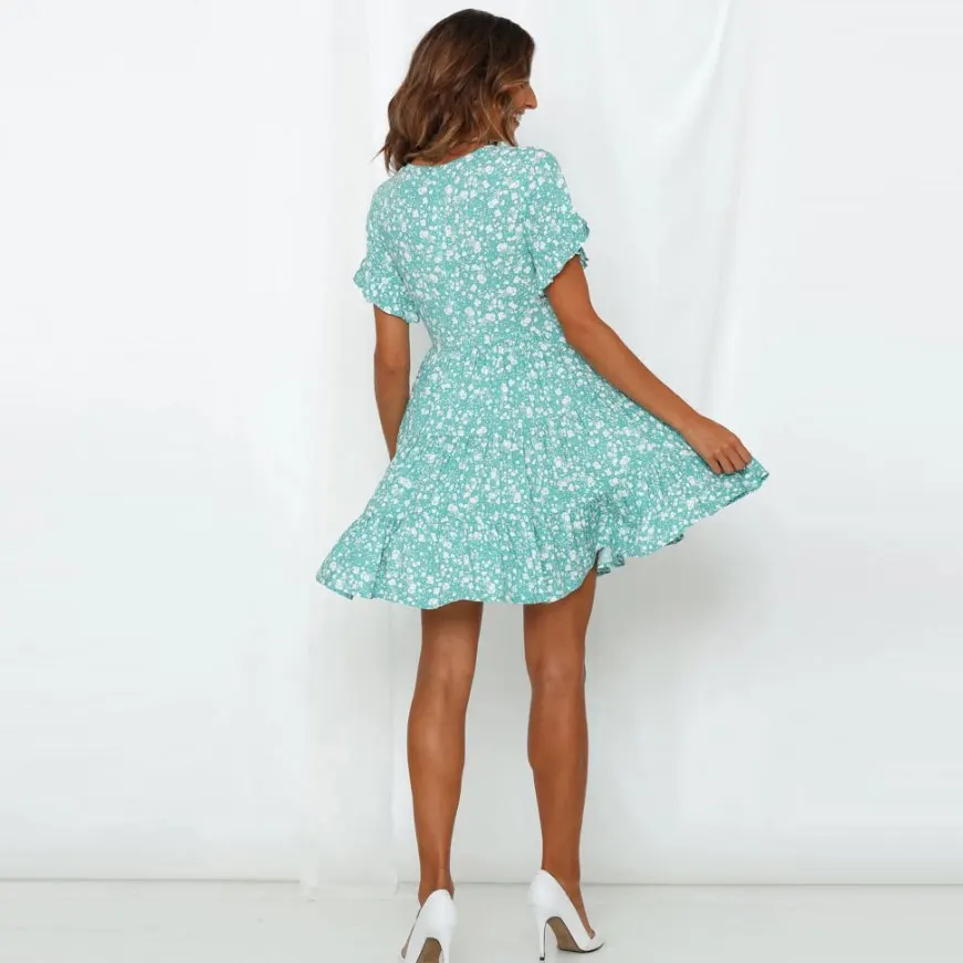 2019 European and American style women's sexy V-neck Short sleeve print dress | Женская одежда