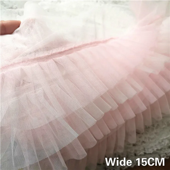 

15CM Wide Luxury Tulle Dress Fabric Pink White Pink Three Layers Lace Applique Fringe Trim Fluffs Dress Curtains Sewing Supplies