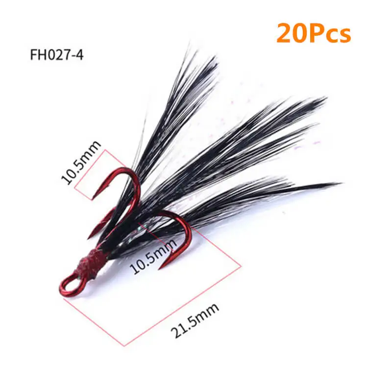 20pcs Fishing Treble Barbed Hook High Carbon Steel Fishhook Black Feather Jig Hooks Sea Ice Lake All Position | Спорт и развлечения