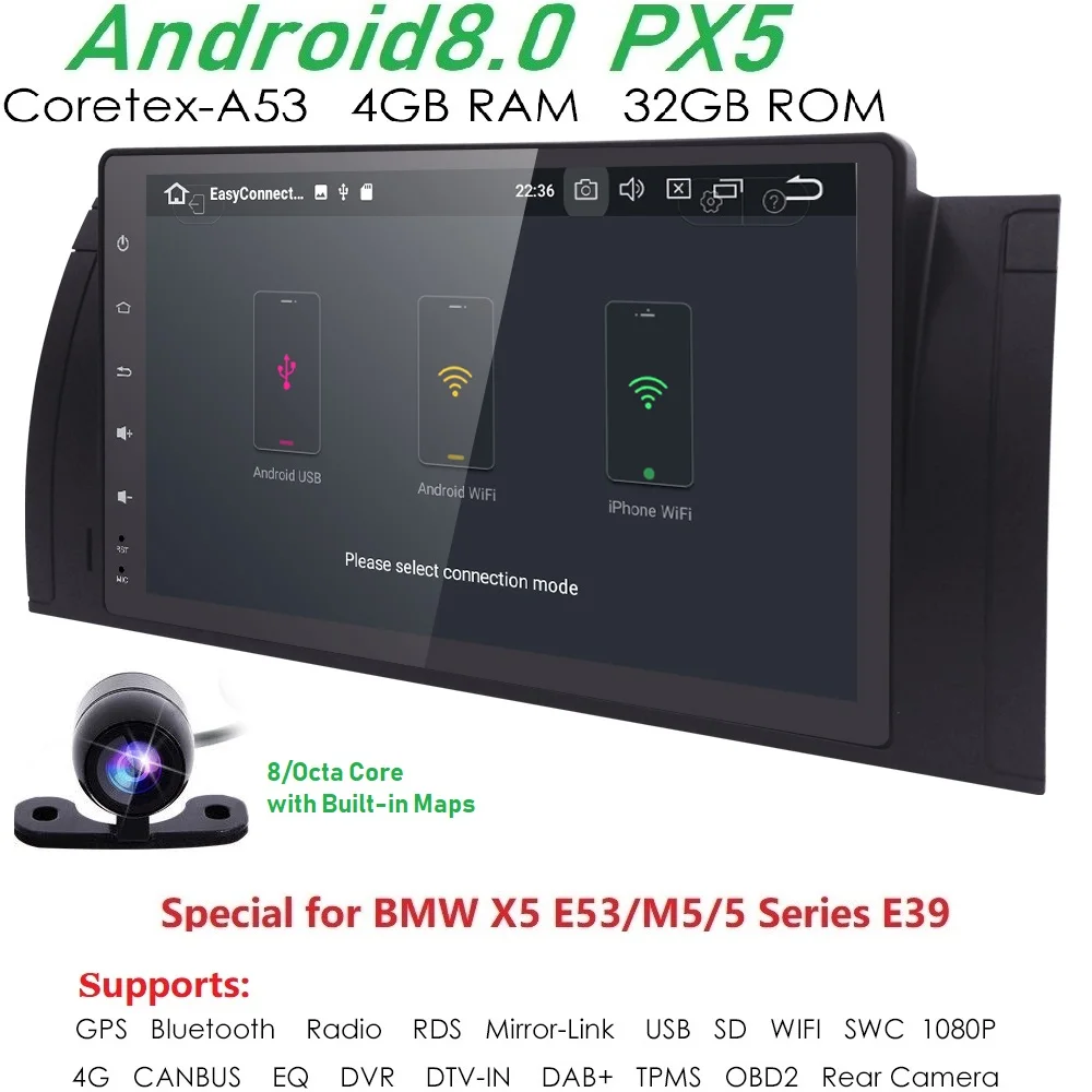 9-дюймовый Android8.0 PX5 Autoaudio для bmw E39 X5 gps-навигации 4 Gwifi BT canbus радио RDS 8 OctaCore 1024x600 obd2 dvr