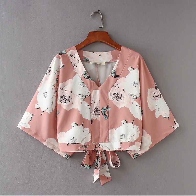 2018 Женские винтажные с цветочным принтом рукавами летучая мышь повседневная