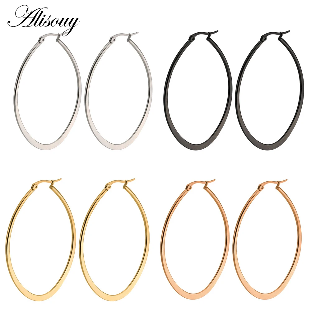 

Alisouy One Pair Big oval Smooth Large Hoop 3/4/5/6cm Women Gold Silver color Hyperbole Ear Metal Hoop Earrings high quality