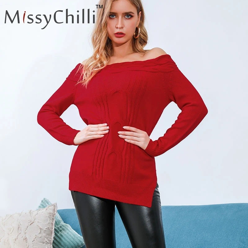 MissyChilli с открытыми плечами сексуальное красное платье-свитер джемпер длинными