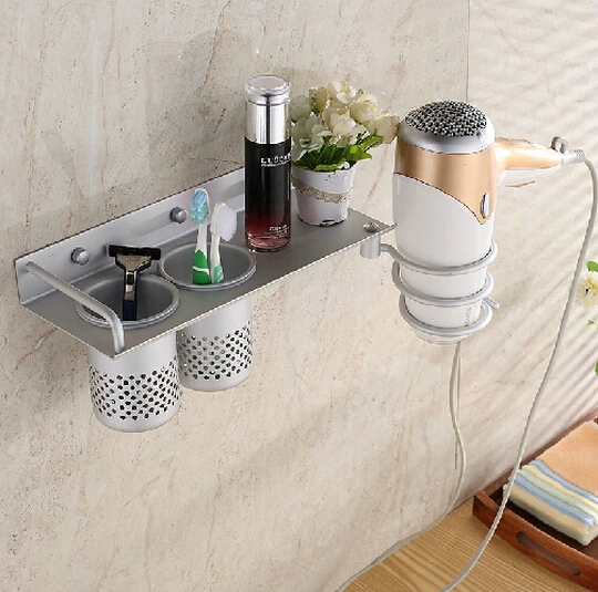 

Space aluminum Bathroom shelf wit shelf hair dryer rack with 2 cups hair dryer rack Households Rack Hair Blow Dryer Holder