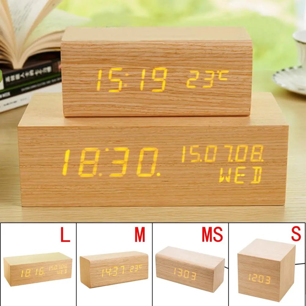 

NEW 3 Modes Brightness Adjustment Luminous USB Digital LED Wood Alarm Clock Voice Control Timer Thermometer For Home Decoration