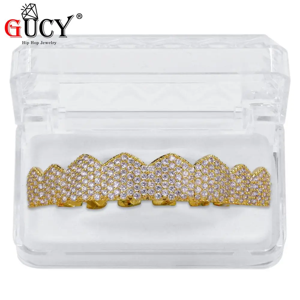 Gold Top GUCY Custom Fit цвета: золотистый, серебристый все льдом хип-хоп ЗУБЫ Grillz микро Pave кубический циркон восемь верхних и нижних зубов грили набор - Окраска металла: Gold Top