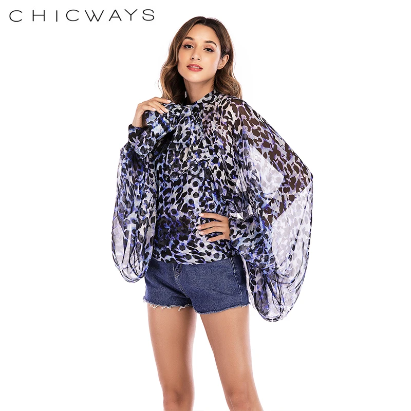 Chicways длинные Фонари рукавом Sheer Кружевной Топ Для женщин Рубашка Назад Открыть