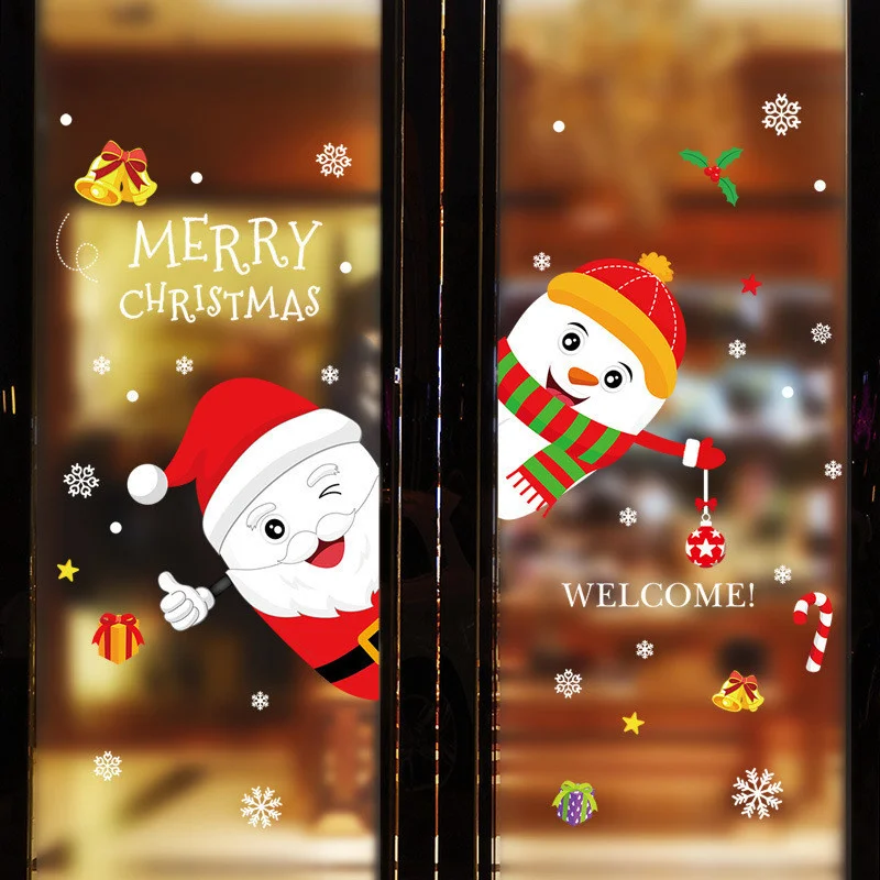 

Cartoon Santa Claus Snowman Snowflake Wall Stickers For Office Shop Home Door Window Decoration Christmas Festival Wall Decals