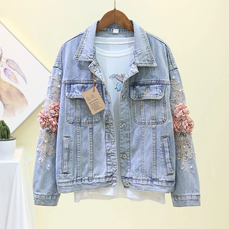 Neploe Spring Women Fashion Denim Jacket Embroidery Beading Flowers Short Jackets Coat Woman Long Sleeve Jean Jacket 90199