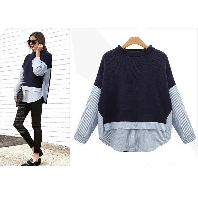 2018 Осенняя мода Европейский стиль полосатый пэчворк темно синий пуловер O Шея