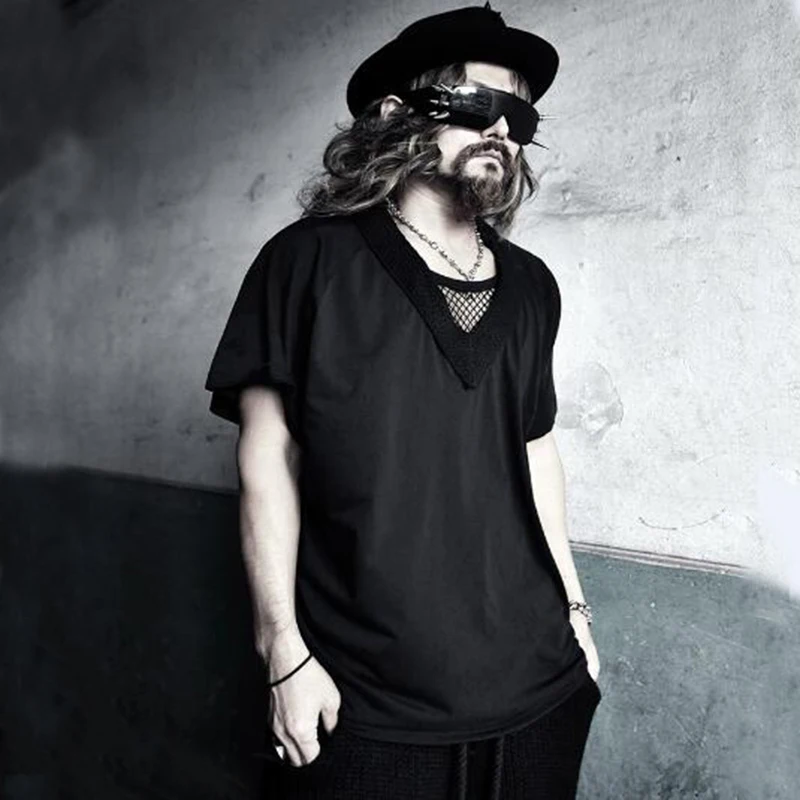 Mens Deep V-neck Weave Batwing Sleeve Loose T-shirts Brand Punk Fashion Soft Cotton Summer Top Tees Black White 2018 New | Мужская