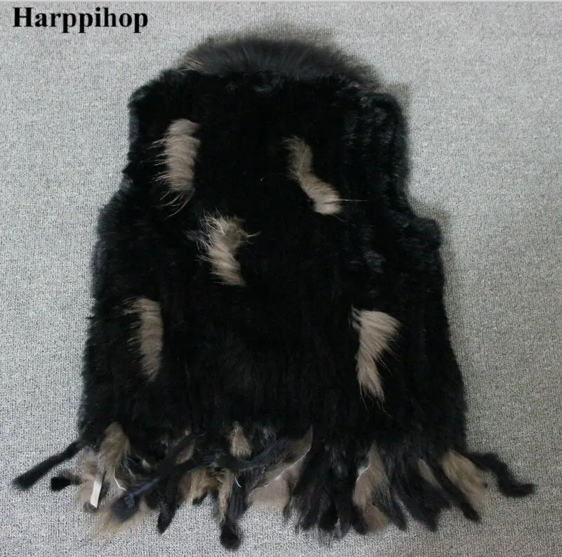 Women Genuine Natural Real rabbit fur Knitted Vests /Waistcoat/ gilet /coats with tassels Raccoon Fur collar enlarge