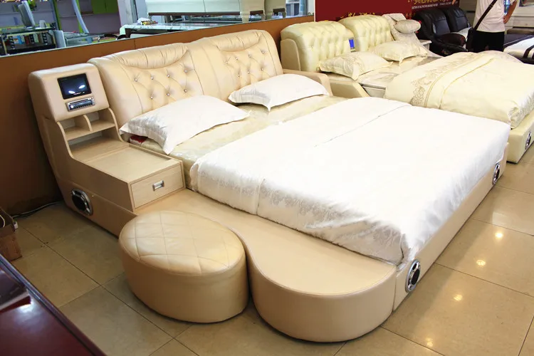 Real Genuine leather bed TV Soft Beds Bedroom camas lit muebles de dormitorio yatak mobilya quarto massage speaker bluetooth 