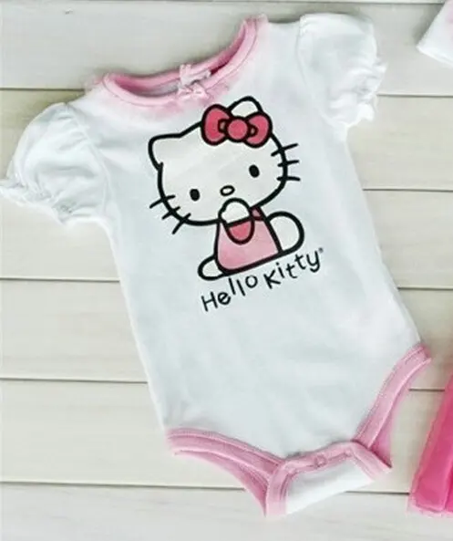 Retail Cartoon KT romper hat tulle tutu skirt 3pcs set Infants quality rompers girls jumpsuits flowers caps 041415 | Мать и ребенок
