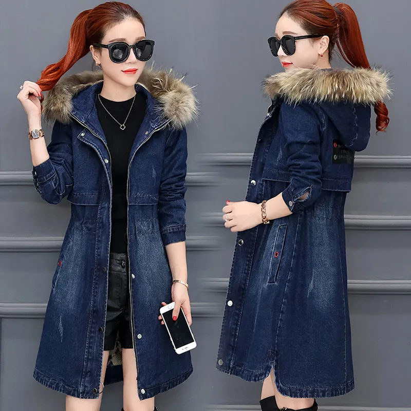 denim blue Зимняя женская джинсовая хлопковая куртка новая Толстая теплая парка средней длины с меховым воротником и капюшоном верхняя одежда приталенное женское джинсовое пальто DD0798 - Цвет: denim blue