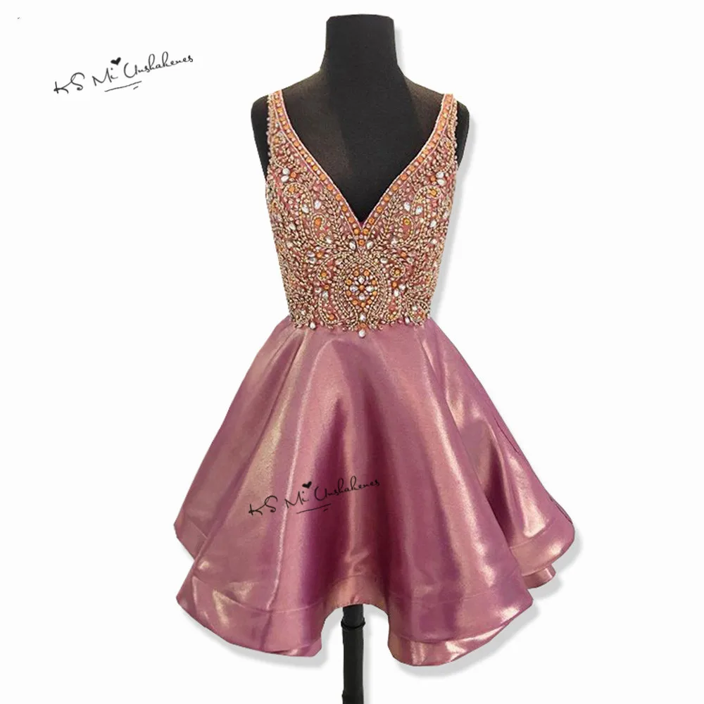 Розовый Pink Crystals Prom Dresses Short V Neck Back Above Knee Cocktail Dress Party Homecoming Dress China Vestidos de Coctel - Цвет: Розовый