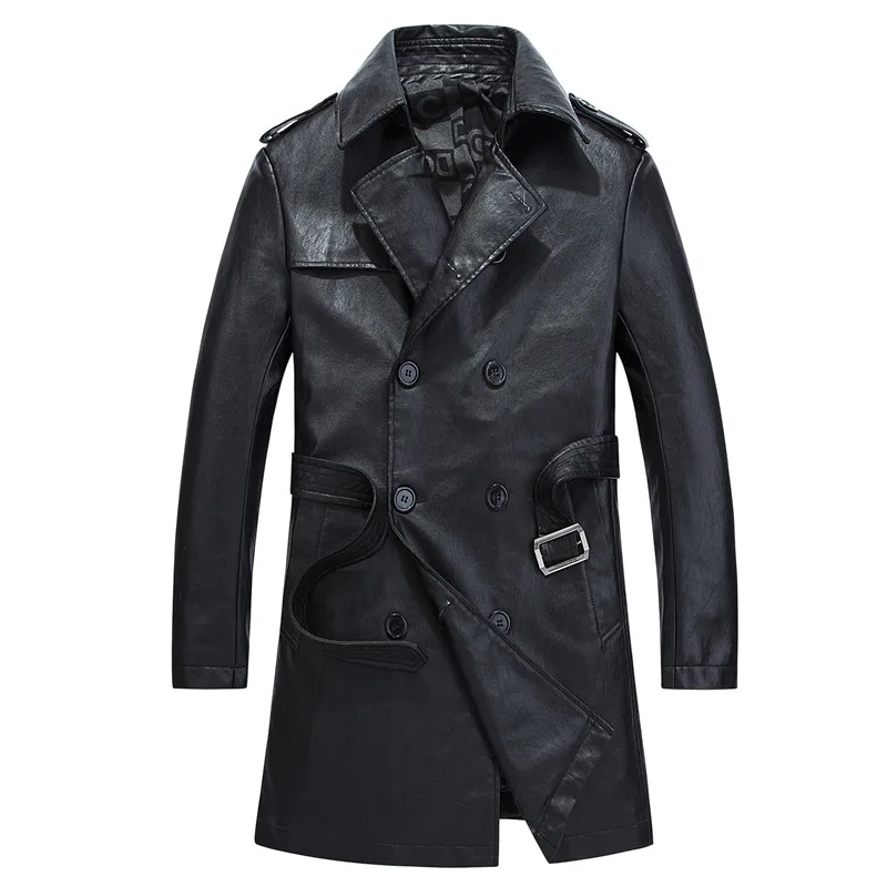Abrigo Зимняя Куртка Двойной Брестед Длинные Кожаные Пальто Мужчины Jaqueta Couro Masculina