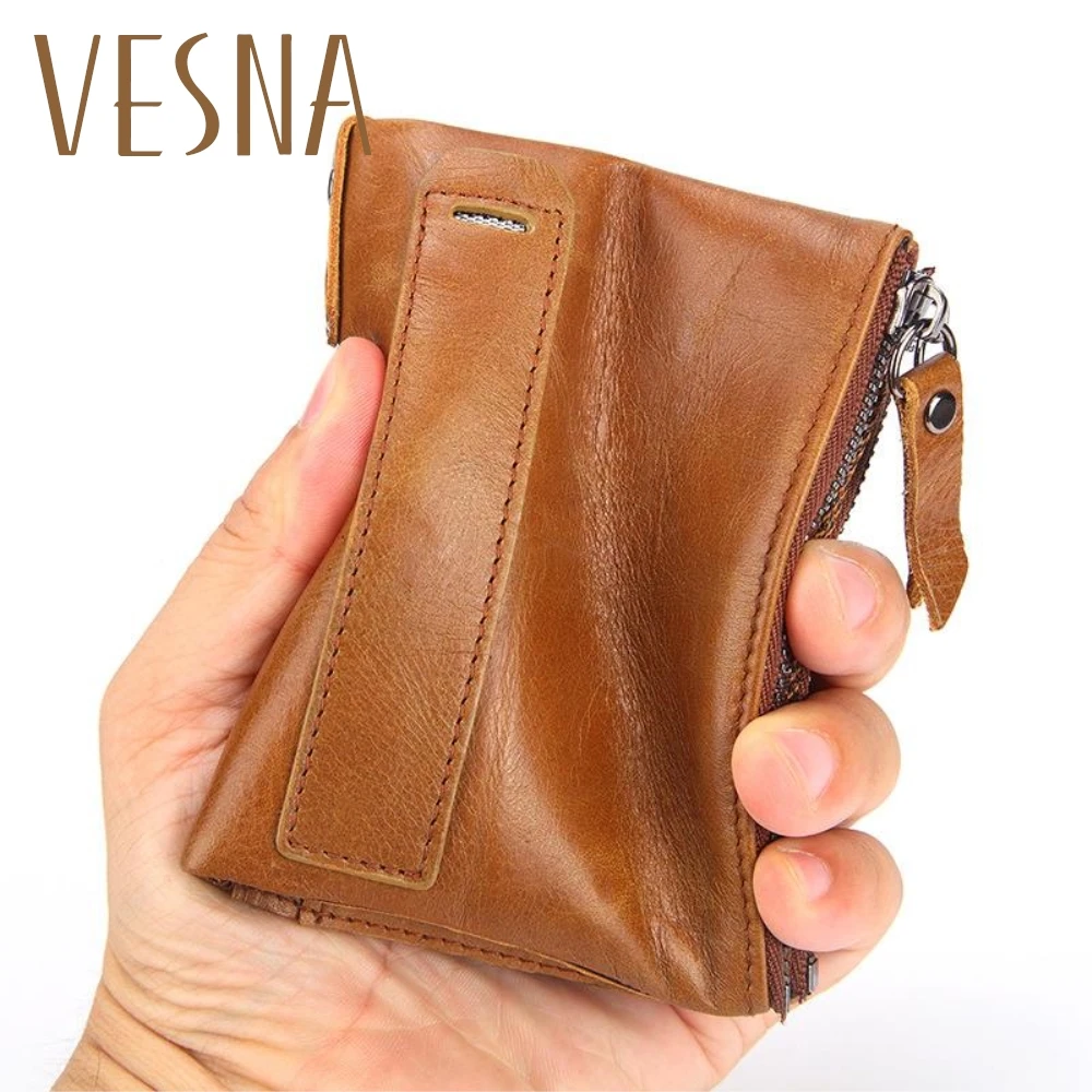 

RFID Crazy Horse Genuine Leather Men Wallets Credit Business Card Holders Double Zipper Cowhide Wallet Purse Carteira