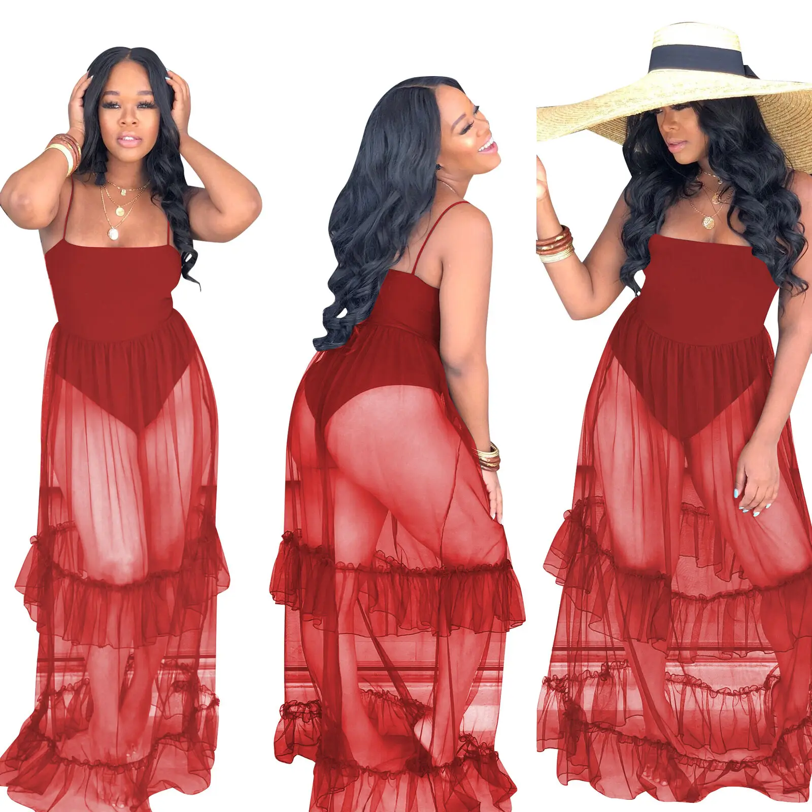 Женское прозрачное Сетчатое платье летнее кружевное длинное платье-пачка