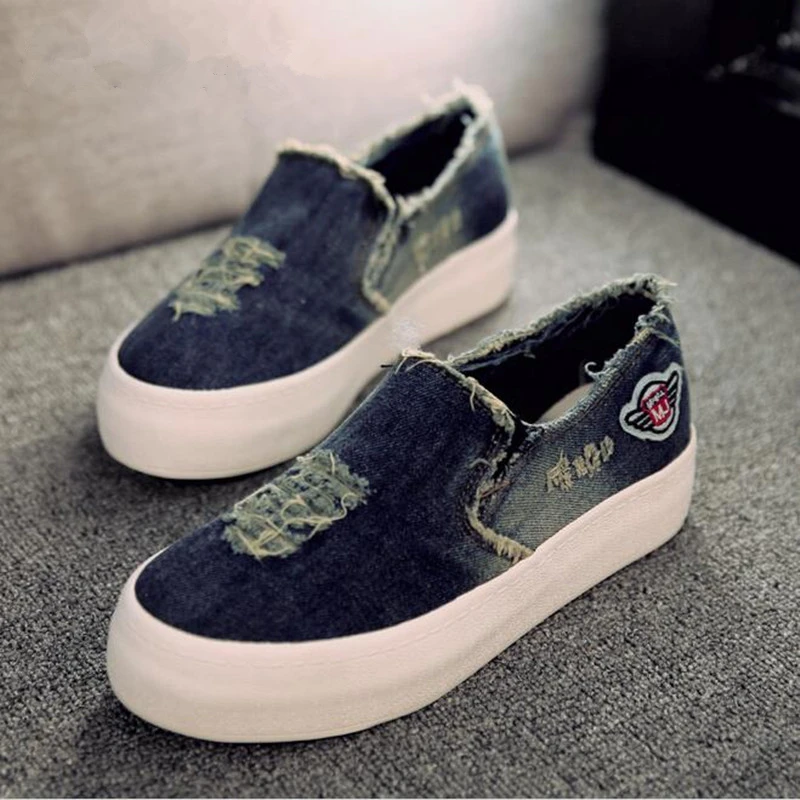 

MIUBU New Womens Flats Casual Jean Canvas Casual Slip-On Round Toe Thick Sole Vintage Shoes