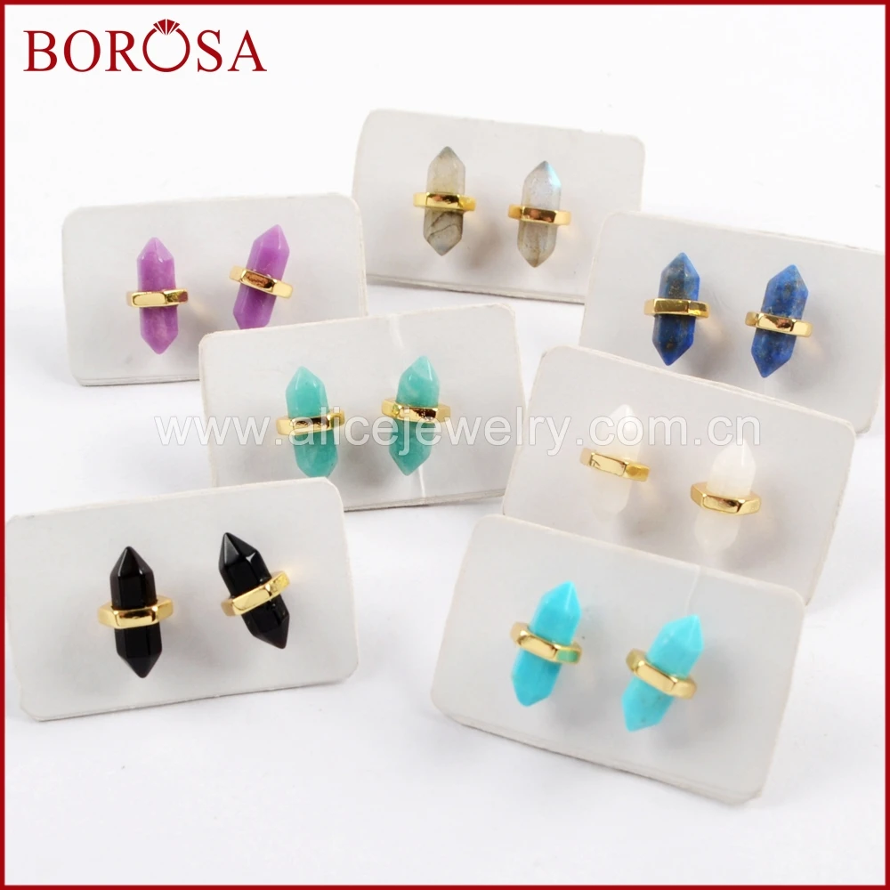 BOROSA 5 пар золотистого цвета мульти-вид Натуральный Камень Ограненный заостренный серьги гвоздики ювелирные изделия, кулон agates Druzy серьги из Лабрадорита ZG0348
