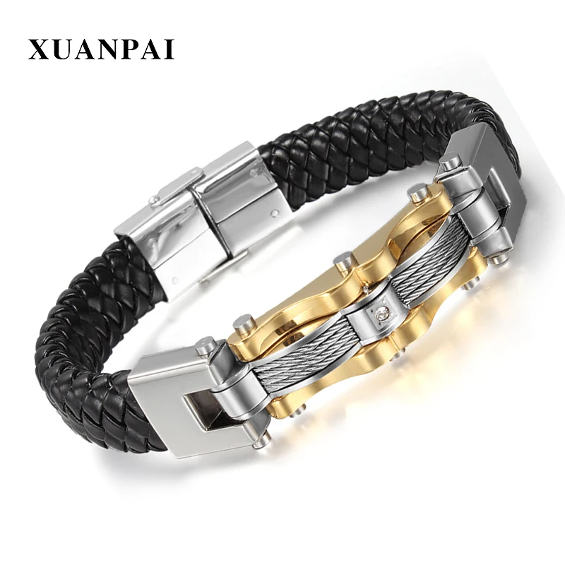 XUANPAI Gold-Color Stainless Steel Leather Bracelet With CZ Stone Male Retro Accessories Wia Bangles Jewelry 9&quot | Украшения и