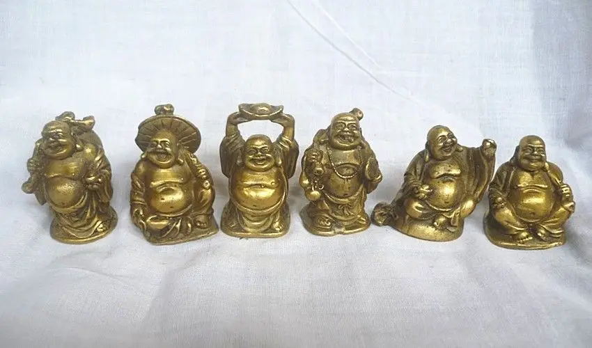 

Chinese Brass YuanBao Wealth Money Bag 6 Happy Laughing Maitreya Buddha Statue.