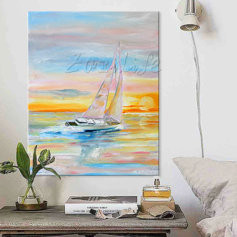 Абстрактная картина маслом ручная роспись лодка корабль парусный спорт холст